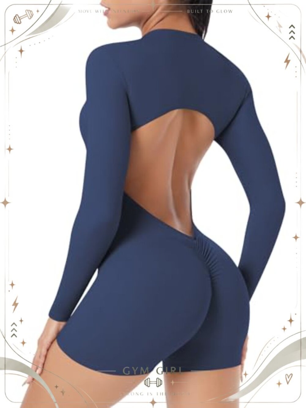 Women's Zip Up Workout Jumpsuit Romper Backless Long Sleeve Bodysuit